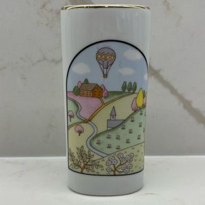 Vintage Made in Japan Oval Vase with Spring Scene of Hot Air Balloon in Flight